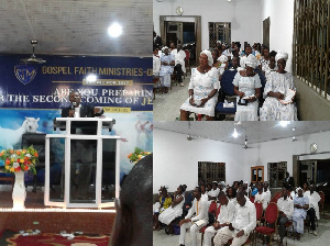 Reverend Isaac Obed Asamoah (L) preaching to the congregation (R) during the watch-night service