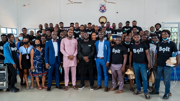 Bolt Country Manager David Nikoi Kotei poses with key partners and Bolt drivers after the launch