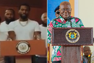 Meek Mill and Akufo-Addo behind different lecterns