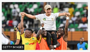 Benin coach Gernot Rohr was carried onto the pitch by his players after their famous win over Nigeri