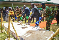 Dr Mahamudu Bawumia together with 2 others cutting sod for new Ghana Army Headquarters