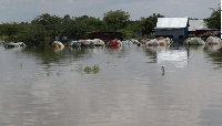 A neighborhood submerged in flood