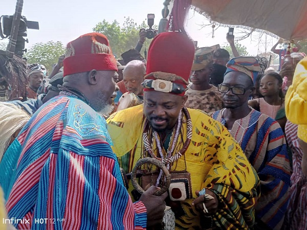 His Royal Majesty Pe Dr. Atudiwe Atudiparee Manchi III in Royal regalia receiving homage