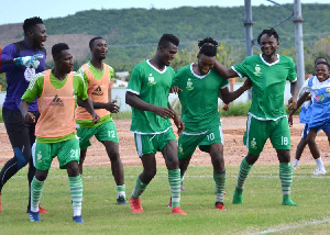 Elmina Sharks players celebrate a goal