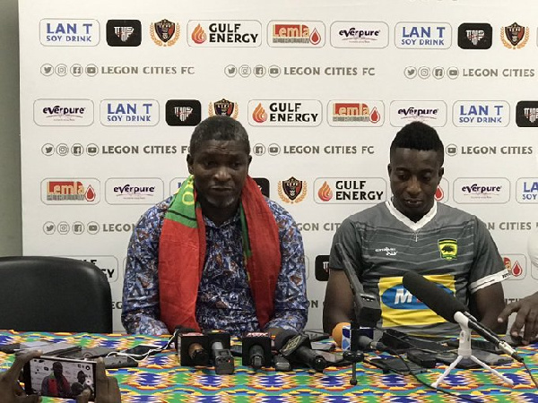 Head coach of Legon Cities FC, Coach Maxwell Konadu (left)