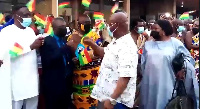 Osei Kyei-Mensah-Bonsu exchanging pleasantries with the chiefs and people  at the airport