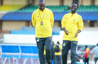 Kwesi Appiah,  coach of the Black Stars with Enugu Rangers goalkeeper Nana Bonsu