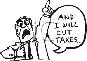 A sketch of a politician promising to cut tax if voted for (file photo)