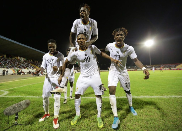 Joseph Esso celebrates his equalizer for the Black Stars B against Senegal