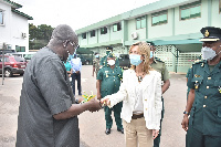 H.E. Alicia Rico Perez del Pulgar, handing over the keys to the vehicles to Hon. Ambrose Der