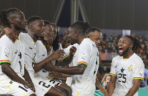 Black Stars players celebrating with Kudus after he scored the first goal against Egypt