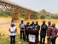 The team led by Sammy Gyamfi, addressing the media at the Pra River