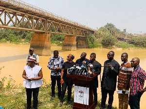 The team led by Sammy Gyamfi, addressing the media at the Pra River