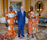 King Charles III sandwiched by Otumfuo and Lady Julia