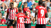 Nico Williams is joined by his teammmates to celebrate his goal