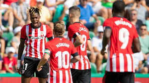 Nico Williams is joined by his teammmates to celebrate his goal