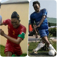 Asamoah Gyan's statue (l), Michael Essien's statue (r)