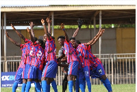 Legon Cities celebrate after securing a win against Hearts of Oak