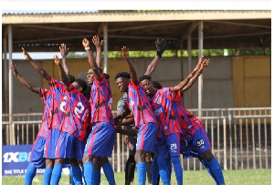 Legon Cities celebrate after securing a win against Hearts of Oak