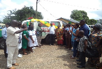 Prof Edward Ntifo-Siaw presenting the keys of an ambulance to the New Abirem Government Hospital