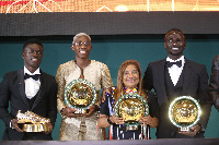 L-R  Pape Ousmane Sakho, Asisat Oshoala, Desiree Ellis, Sadio Mane