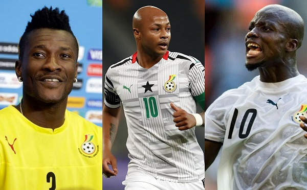 L-R Asamoah Gyan, Dede Ayew, Stephen Appiah