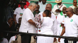 Former President Mahama, Former President Rawlings with Lordina Mahama at a campaign rally