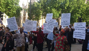 The protests happened at a time the President was delivering his maiden speech at the UN