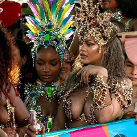 Starr and Rihanna wore embellished bodysuits with feathery headpieces