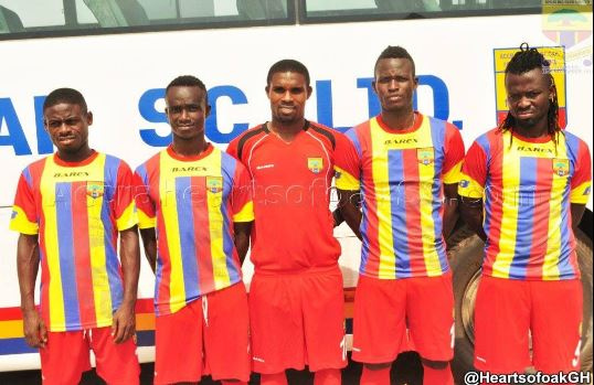 Hearts of players pose in their new kits