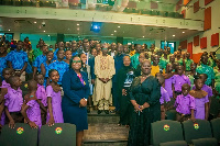 The Speaker of Parliament and Dr Bandim in a pose with the students at Parliament House