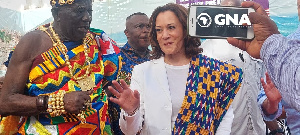 Kamala Harris at the Emintsimadze Palace, the seat of the Oguaamanhen,Osabarima Kwesi Atta II