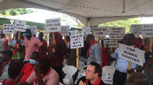 Workers of Emire Builders -  a subsidiary of Trassaco Group addressing the press on Tuesday