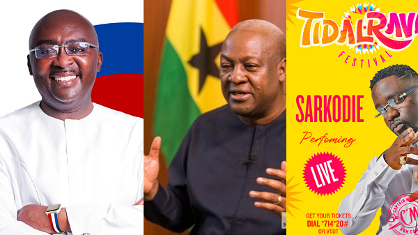 NPP and NDC flagbearer hopefuls Mahamudu Bawumia and John Mahama, a flyer of Tidal Rave