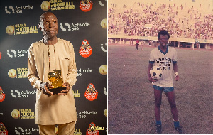 Herbert Adika with his award at the 4th Ghana Football Awards and photo of young Abedi