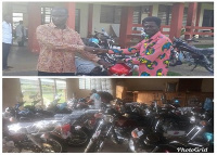 Emmanuel Atta Ofori presenting motorbikes to Assembly Members