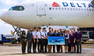 Officials of the airline and the crew after landing