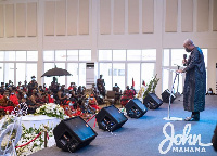 Former President John Dramani Mahama addressing the crowd at the late Baffoe Bonnie's burial service