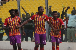 Kofi Kodzi (middle) and teammates on cloud nine after scoring a late goal against Bechem United