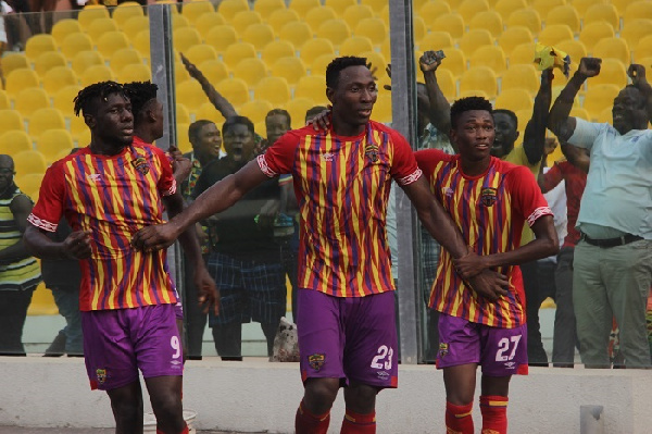 Kofi Kodzi (middle) and teammates on cloud nine after scoring a late goal against Bechem United