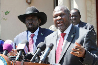 South Sudan former vice president Riek Machar speaks during a press conference with President Salva