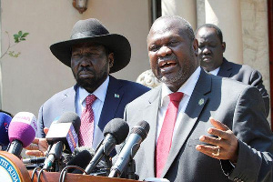 South Sudan former vice president Riek Machar speaks during a press conference with President Salva