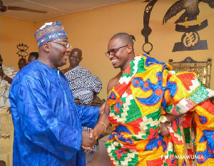 Vice President, Dr. Mahamudu Bawumia exchanges handshake with Chief of Prestea-Heman