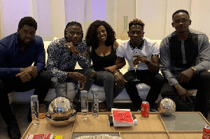 Shatta Wale and Stonebwoy in a unity pose with Nana Aba Anamoah, Blakk Cedi and Bulldog