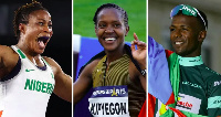 L-R: Blessing Oborududu, Faith Kipyegon, Biniam Girmay