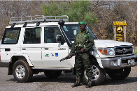 A staff of Mole National Park Toyota Land Cruiser all-terrain vehicle