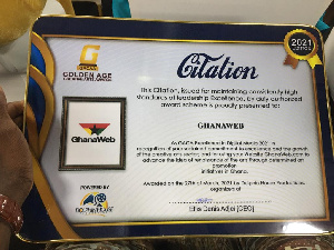 A photo of the award GhanaWeb grabbed at theGolden Age Creative Arts Awards