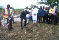 Kwamena Duncan cutting sod for the construction of Food Court for UEW