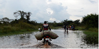 A motorcyclist navigates a flooded section of the road at Lewa Central Village, Pakele