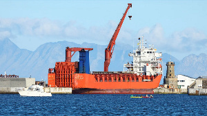 Russian roll-on/roll-off container carrier 'Lady R' docks at Simon's Town Naval Base, in Cape Town